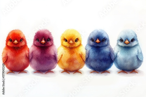 A colorful group of five cartoon-style chicks in vibrant hues.
