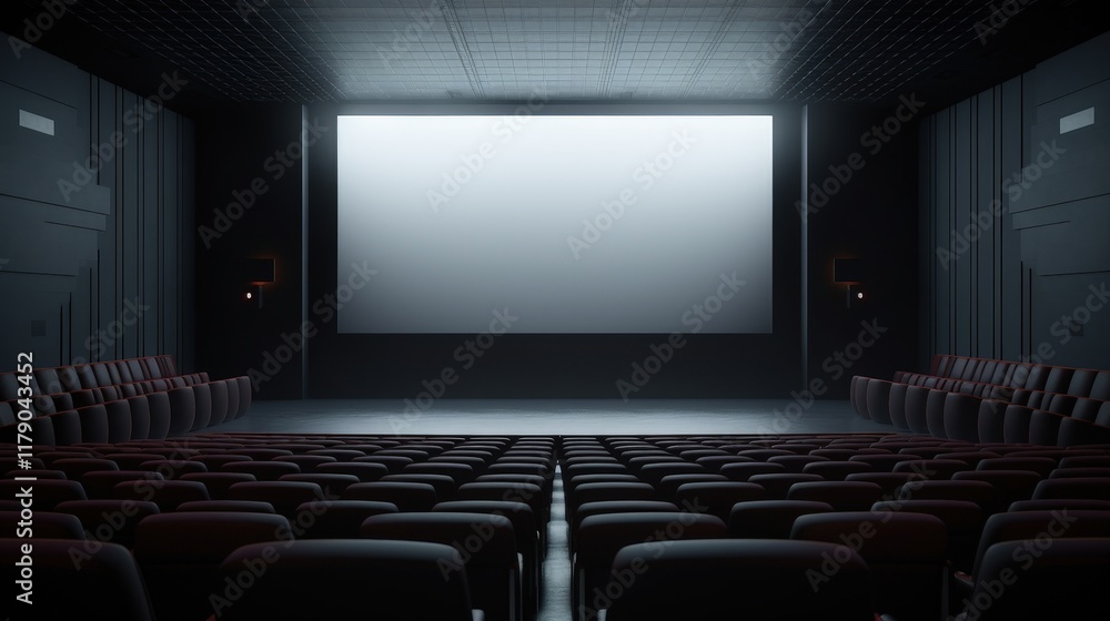 Fototapeta premium Modern Grey Auditorium Interior with Empty Seating and Large Screen Space for Presentations and Events: A Contemporary Design Reference