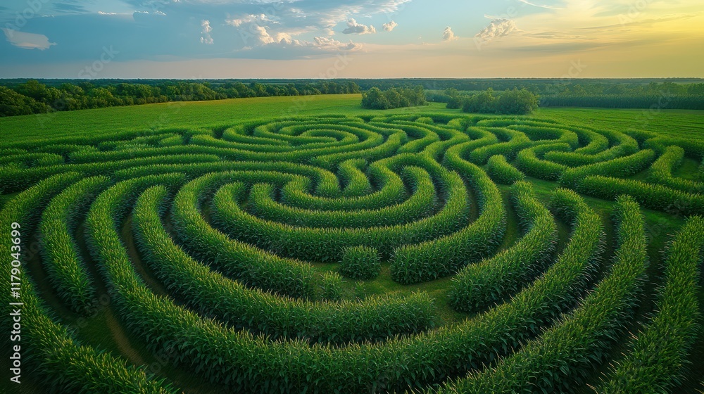 Beautiful Aerial View of Lush Green Cornfield Maze at Sunset in the Countryside Landscape Beautiful Aerial View of Lush Green Cornfield Maze at Sunset in the Countryside Landscape