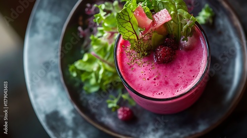 A farmtotable restaurant with Swiss chard and pinkberry juice photo