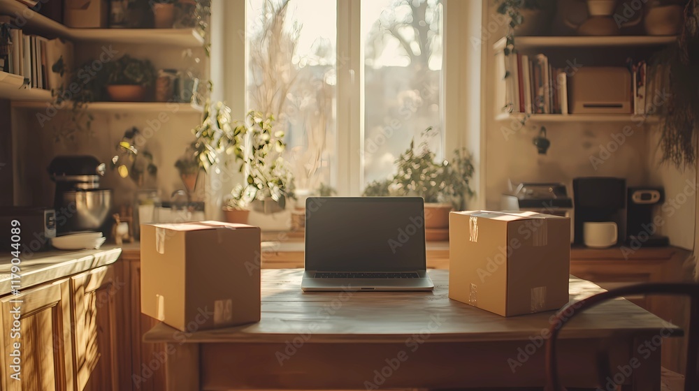 Fototapeta premium Abstract graphic featuring a laptop with colorful digital shopping symbols, representing an online marketplace and retail concepts.