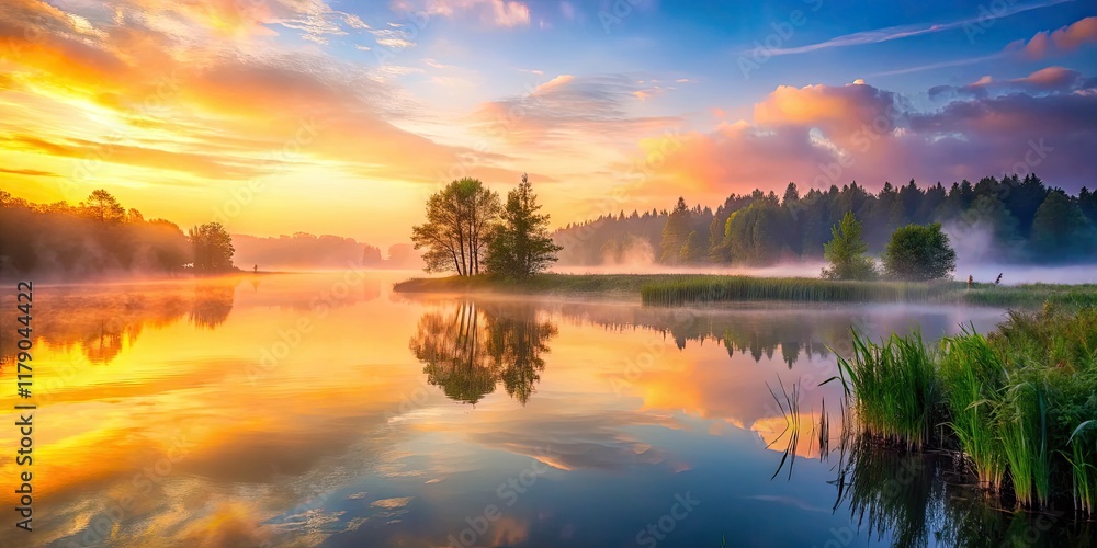 Obraz premium Fog-shrouded lake, tranquil water, idyllic nature photography.