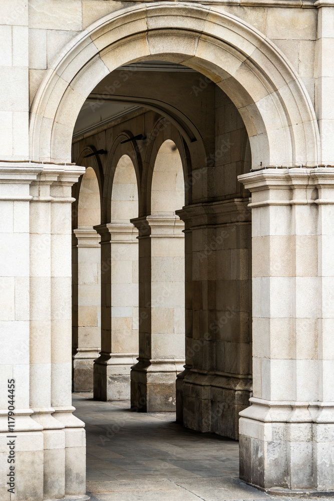 Beautiful Arches of Historic City Hall in Praza de Maria Pita, main Square in La Coruna, Galicia - Spain