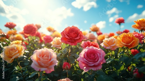 Vibrant Roses in Bloom Under a Radiant Sunny Sky with Fluffy Clouds