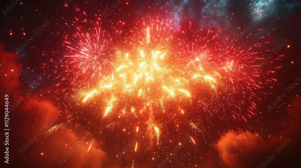 Fiery red and gold fireworks display against a dark, smoky night sky. Fiery red and gold fireworks display against a dark, smoky night sky.