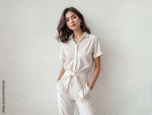 Elegant young woman in a stylish white outfit posing against a neutral backdrop indoors