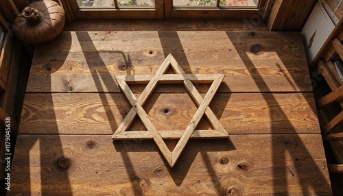 Wooden Star of David on rustic wooden table photo