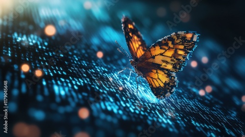 The concept of digital transformation with a pixelated butterfly emerging from binary code, symbolizing the evolution of technology and business. photo