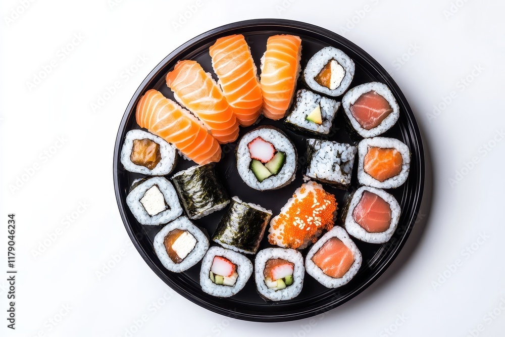 Assorted sushi platter, overhead view, white background, restaurant menu Assorted sushi platter, overhead view, white background, restaurant menu