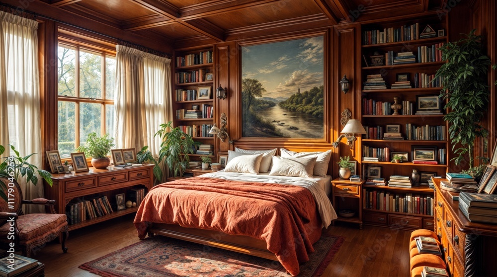 Cozy bedroom with wooden decor and a scenic painting during golden hour light Cozy bedroom with wooden decor and a scenic painting during golden hour light