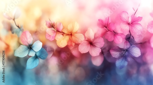Pastel floral backdrop, soft focus.