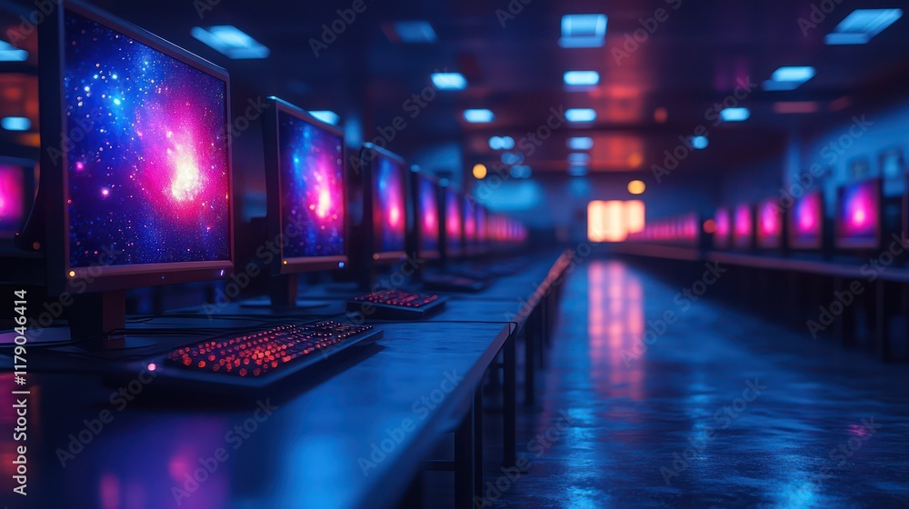 Futuristic Neon Computer Lab with Vibrant Cosmic Screens in a Dark Room Setting Futuristic Neon Computer Lab with Vibrant Cosmic Screens in a Dark Room Setting