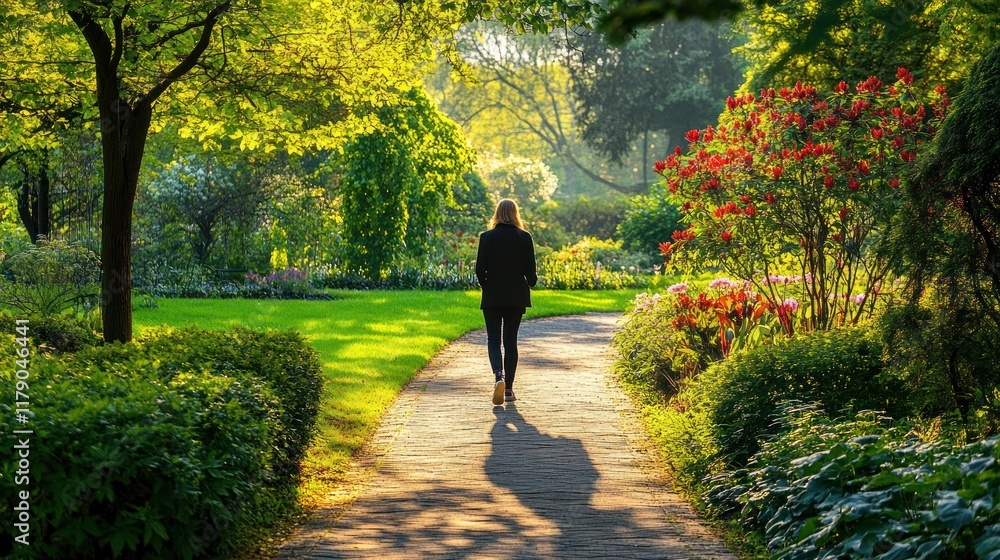 Fototapeta premium Woman walks path in vibrant spring garden, sunlight illuminating her way.