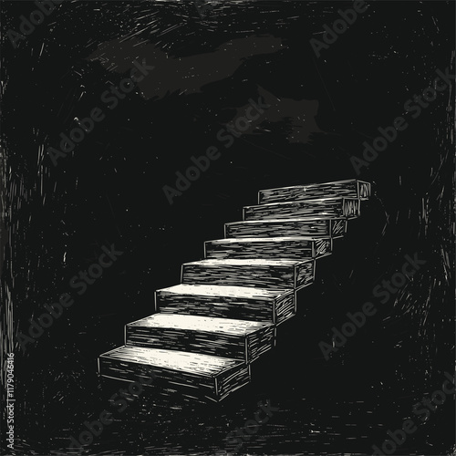 Monochrome stairs leading to a bright doorway, sketch-like style.