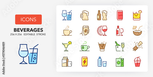 Line icons about beverages. Contains such icons as cocktails, brewing time, take away and more. 256x256 Pixel Perfect editable in colors