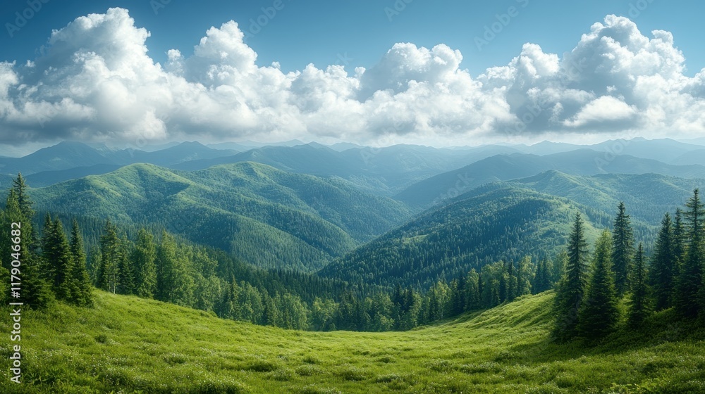 Lush green mountains under a bright sky with fluffy clouds, showcasing natural beauty. Lush green mountains under a bright sky with fluffy clouds, showcasing natural beauty.