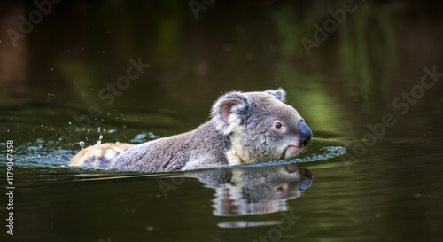 Koala swimming in calm water reflection photo