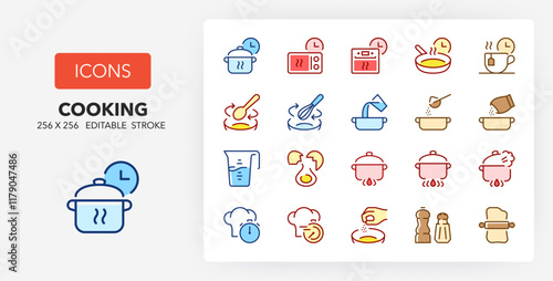 Line icons about cooking. Contains such icons as cooking time, mix, add and more. 256x256 Pixel Perfect editable in colors