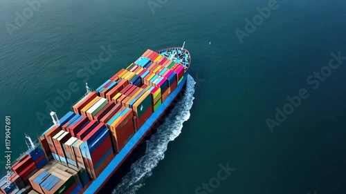 Aerial view of container cargo ship in maritime freight shipping highlighting global import-export operations and international commercial trade routes
