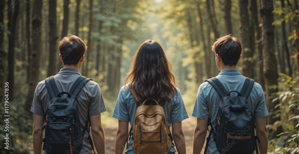 group of three friends on an adventure trip in a forest group of three friends on an adventure trip in a forest