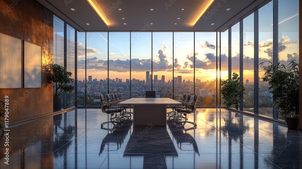 Fototapeta premium Modern Office Conference Room Overlooking Cityscape at Sunset with Panoramic Windows