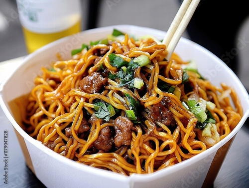 A bowl of beef chow mein in take away bowl photo