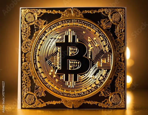 A close-up of a golden Bitcoin emblem on an ornate background, highlighting its intricate design and value. photo