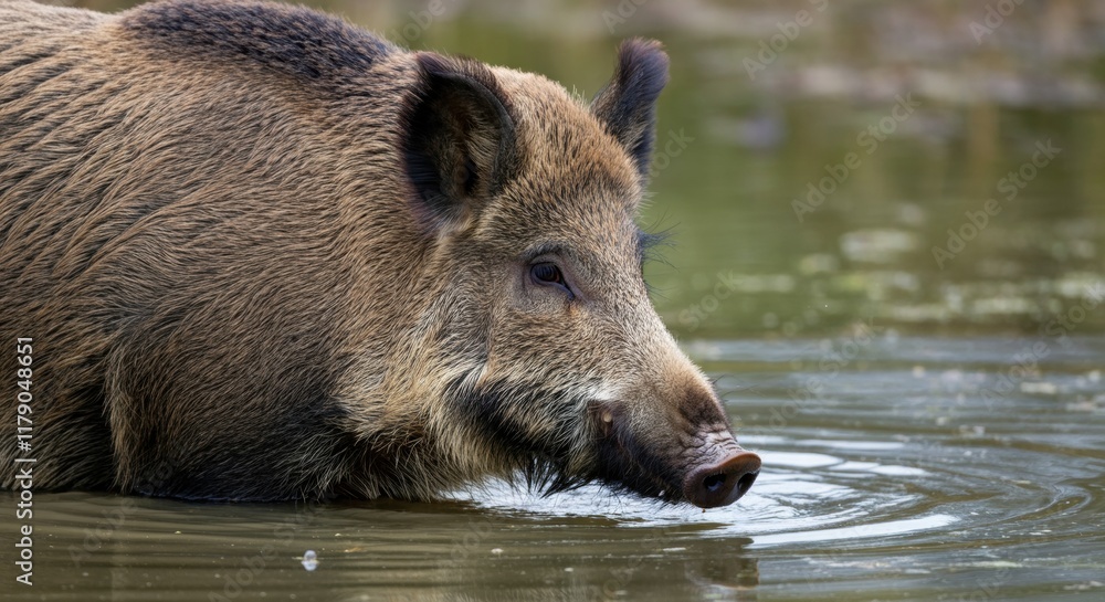 Wild boar in natural habitat wading through water Wild boar in natural habitat wading through water