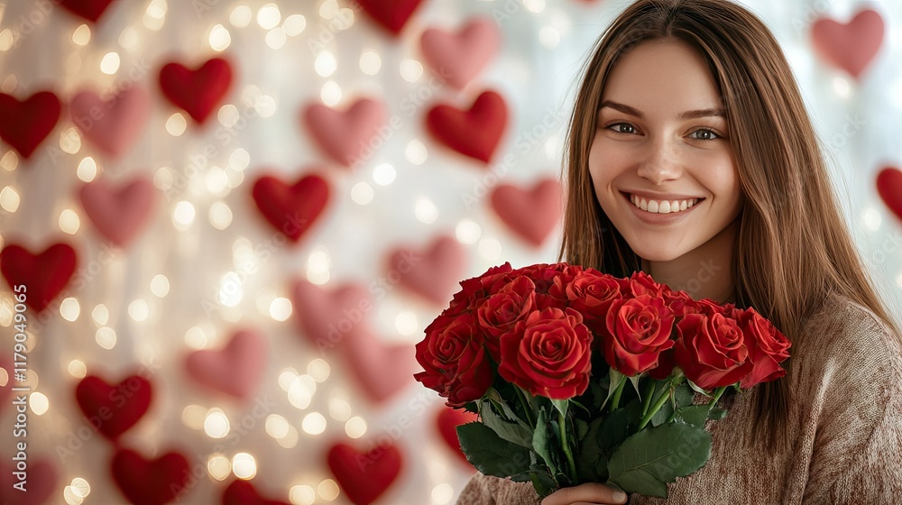 A happy woman posing with a bouquet of red roses in her hands, against a soft, heart-filled Valentine's backdrop A happy woman posing with a bouquet of red roses in her hands, against a soft, heart-filled Valentine's backdrop