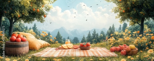Serene Picnic in a Mountain Orchard: A Summer's Day Delight