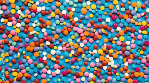 Colorful pills and capsules scattered on a blue background.