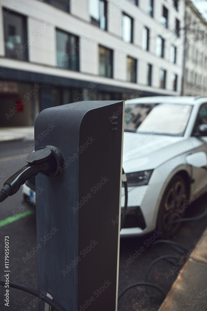 Charging electric vehicle on a public charger. Charging electric vehicle on a public charger.