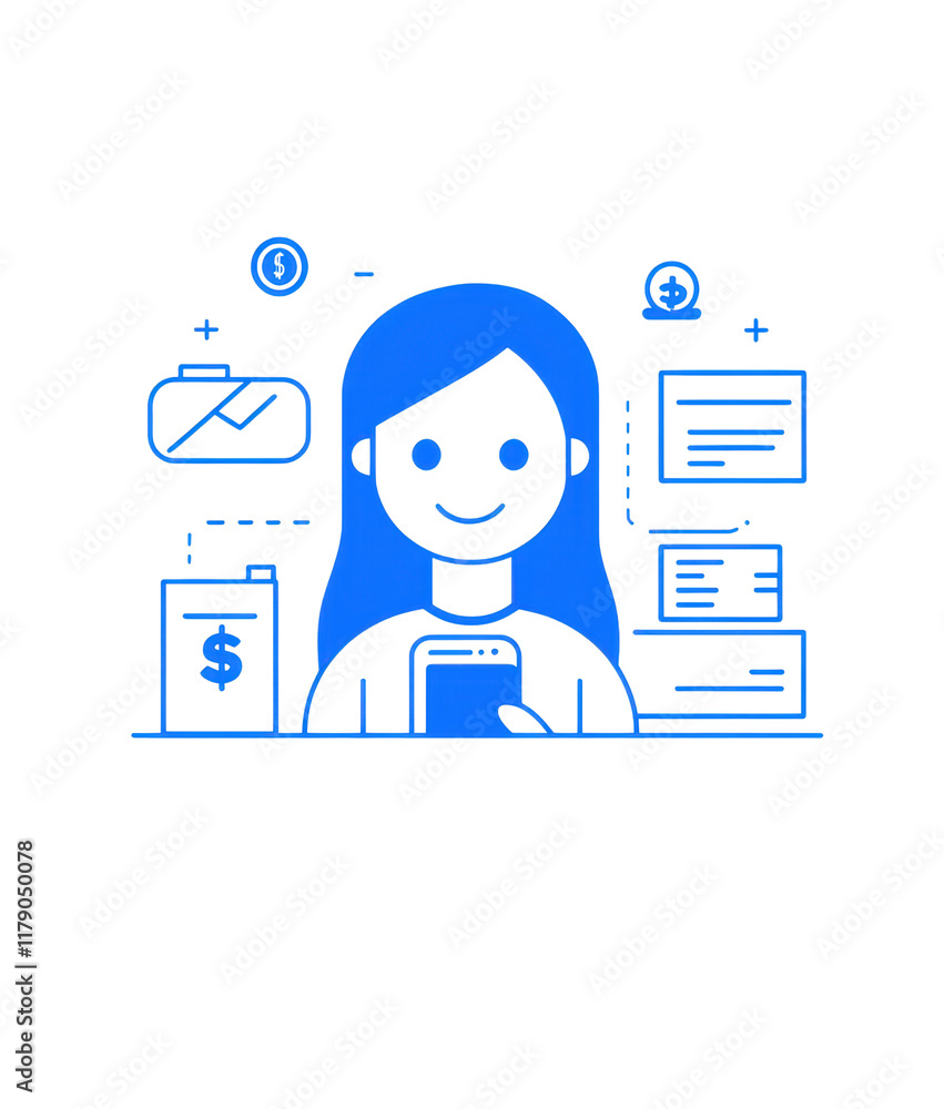 minimalistic flat illustration of person using smartphone, surrounded by icons representing communication, finance, and technology. design is simple and modern minimalistic flat illustration of person using smartphone, surrounded by icons representing communication, finance, and technology. design is simple and modern