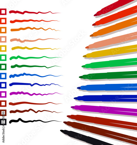 Set of fifteen markers with basic colors for drawing and painting. For sale and advertising markers and drawing them. Felt-tipped pen for courses on drawing. Set of markers  for children.