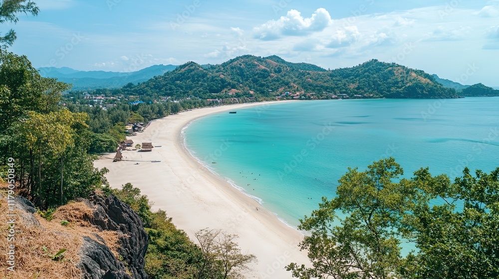 Tropical beach aerial view turquoise water, white sand, lush greenery, hillside village. Vacation travel. Tropical beach aerial view turquoise water, white sand, lush greenery, hillside village. Vacation travel.