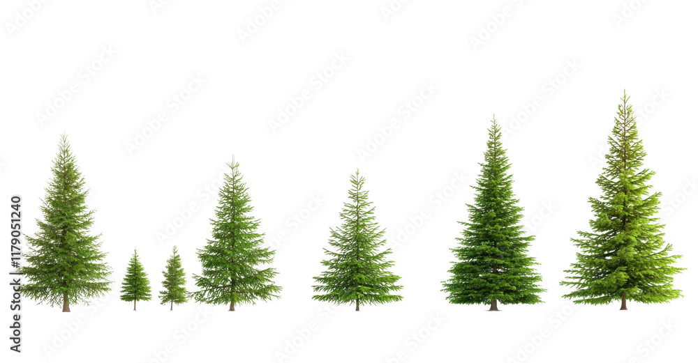 Obraz premium row of variously sized evergreen trees, showcasing different growth stages, is displayed against transparency background. trees are lush and green, highlighting their natural beauty