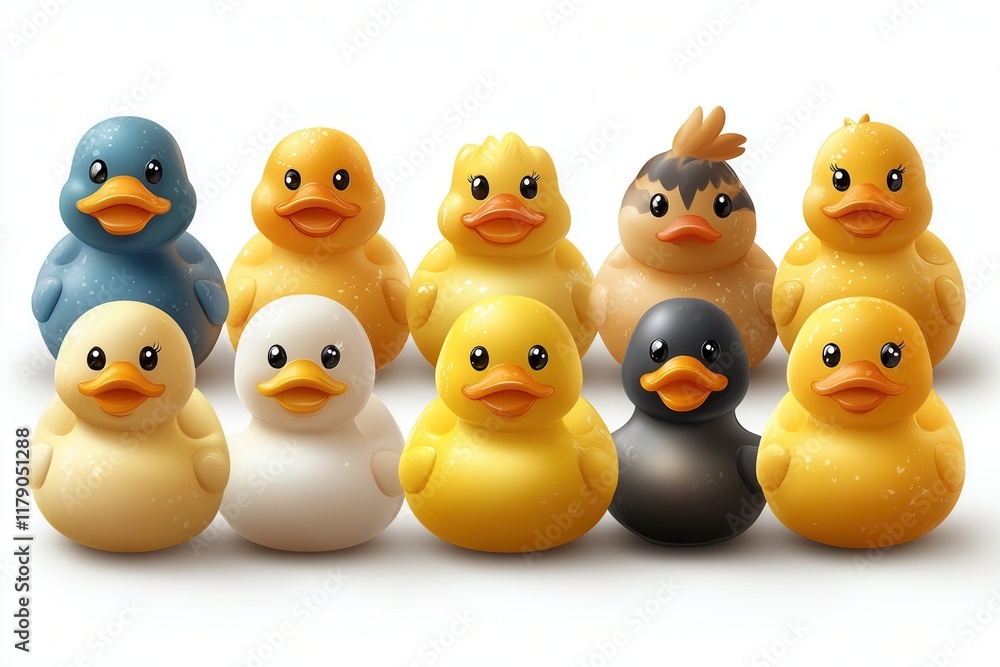 A collection of colorful rubber duck toys in various styles and colors. A collection of colorful rubber duck toys in various styles and colors.