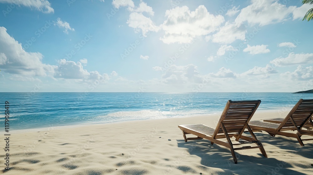 Tropical beach paradise Two lounge chairs on white sand, turquoise ocean, sunny sky. Ideal for travel brochures. Tropical beach paradise Two lounge chairs on white sand, turquoise ocean, sunny sky. Ideal for travel brochures.