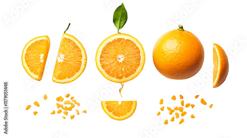 Orange Fruit: Whole, Sliced, and Segmented Isolated On A White Background, PNG Transparent