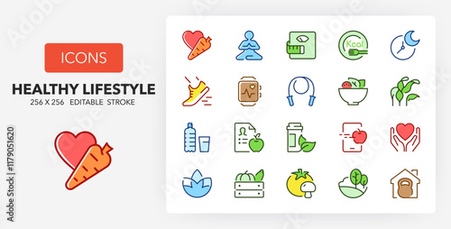 Line icons about healthy lifestyle. Contains such icons as vegan, detox, mindfulness and more. 256x256 Pixel Perfect editable in colors