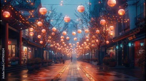 Shopping streets in China, modern city, skyscraper, a festive New Year atmosphere, flagstone floors, fireworks.