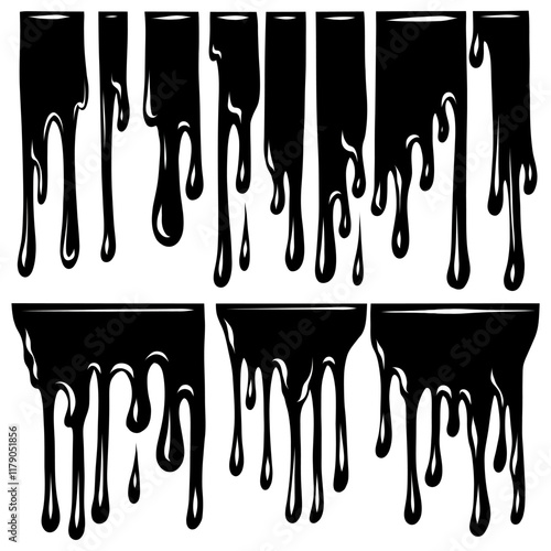 Set of black paint drips isolated from background. Melted ink. Monochrome silhouette collection pour liquid dye