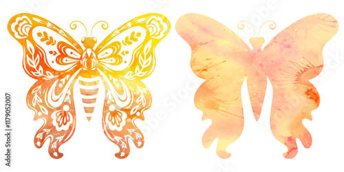 Vector clipart set tracery watercolor butterflies. Collection of decorative yellow tracery flying insect with a floral ornament