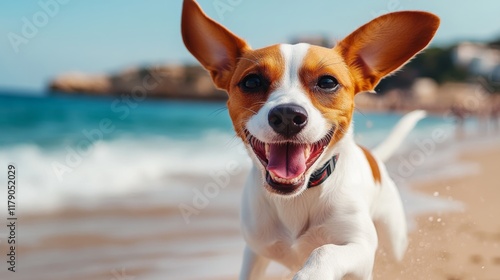Dog is running on the beach with its tongue out and a smile on its face. The dog appears to be happy and enjoying itself