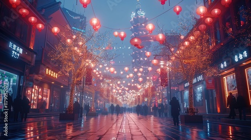 Shopping streets in China, modern city, skyscraper, a festive New Year atmosphere, flagstone floors, fireworks.