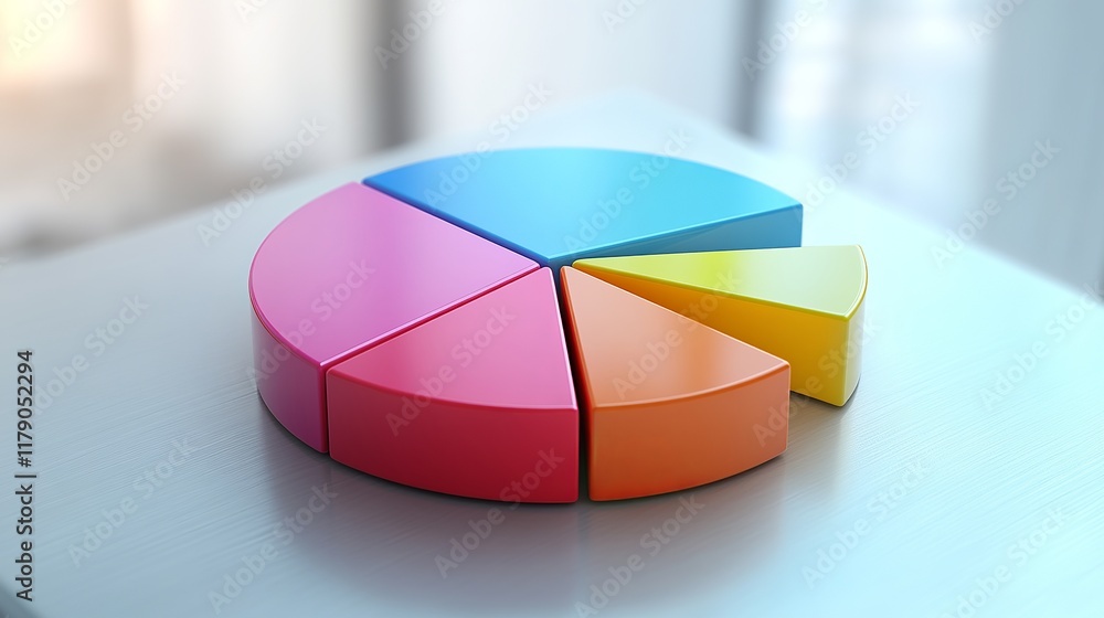 Fototapeta premium 3D pie chart depicts data on miniature creative merchant files, providing insightful visualizations for data analysis and presentation. 