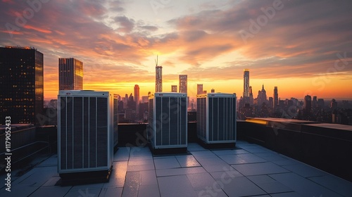 Commercial HVAC units installed on the rooftop against the golden hue of the sunset background. Suitable for marketing or business purposes. Panoramic banner with place for text photo