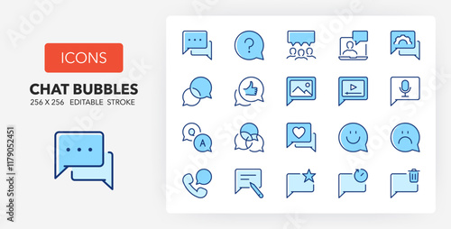 Line icons about chat bubbles. Contains such icons as faq, comment, favorite and more. 256x256 Pixel Perfect editable in two colors