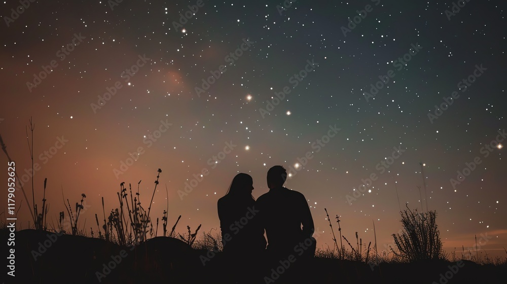 A silhouetted couple sits in a field at night looking up at the stars. A silhouetted couple sits in a field at night looking up at the stars.