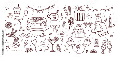 the concept of the holiday: dessert, stars, gift, snow.  line drawing. Holiday design elements are isolated on white background. Simple shape conceptfor winter season cards, for  party poster, banner